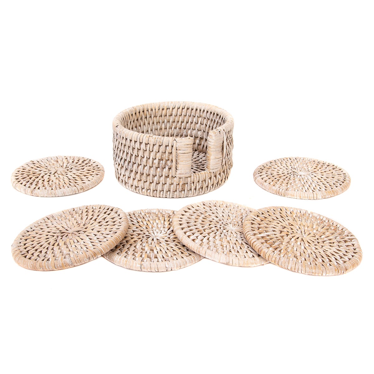 Artifacts Trading Company Rattan Round Coasters with Box White Wash
